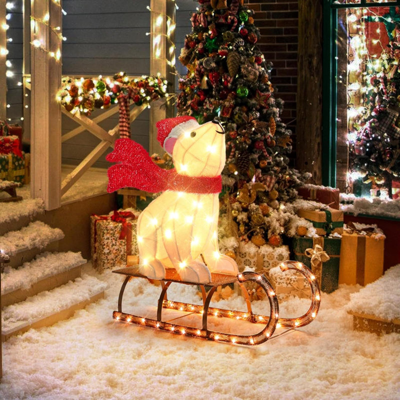 Sleigh Polar Bear Outdoor Christmas Decorations 2.5 FT Pre Lit Holiday Decor With 70 LED Warm White Light Lighted Bear For Indoor Outside Home Lawn